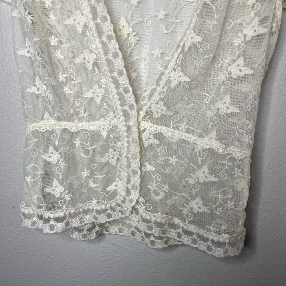 Y2K Vintage Ultra Pink Sheer Butterfly Floral Lace Short Sleeve Cardigan Top - Picture 8 of 8